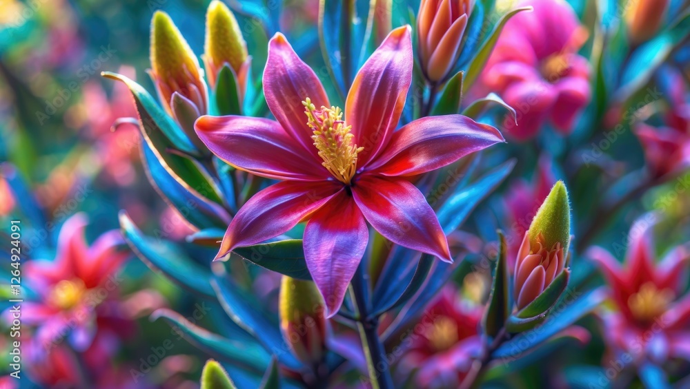 Poster vivid pink and purple flowers with green buds in a lush garden setting with blurred background and c