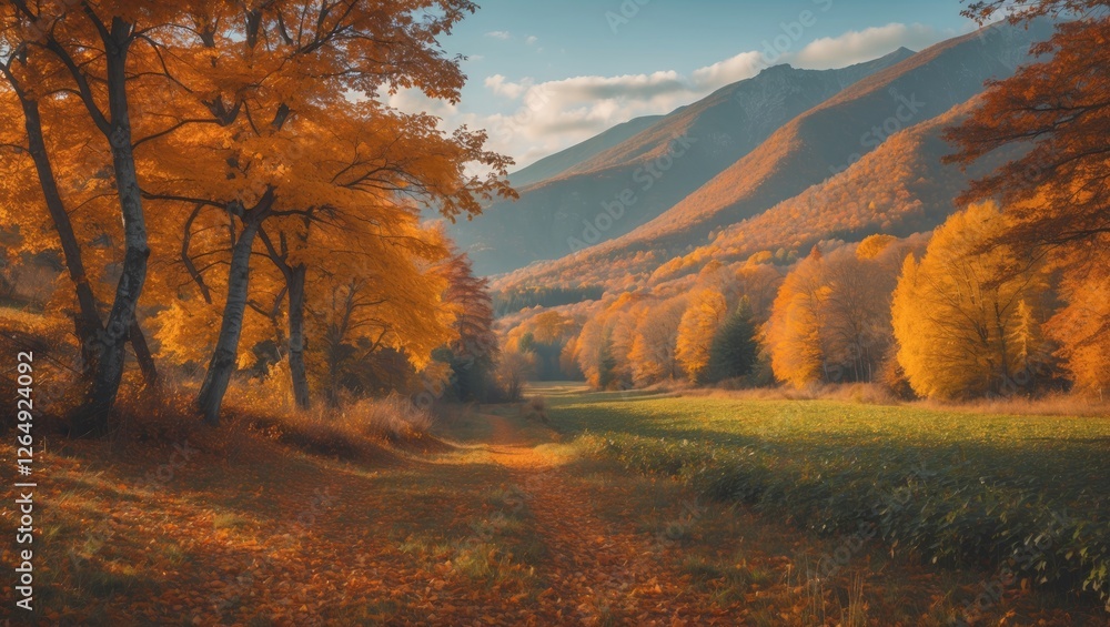 Poster autumn landscape featuring vibrant orange foliage on trees, a winding path through the forest, and m