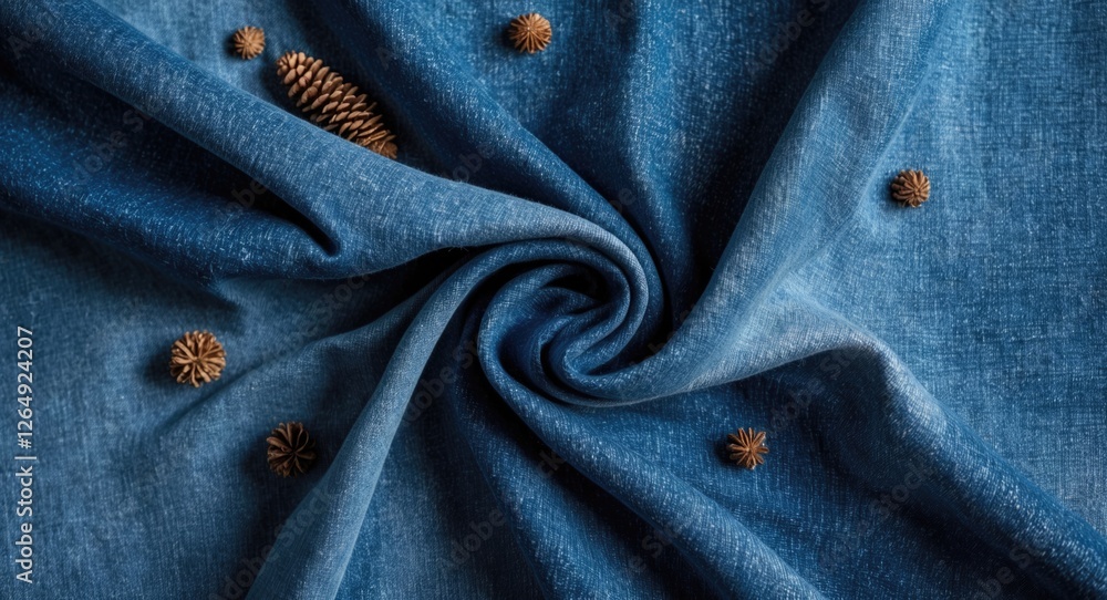 Aufkleber Blue textured fabric with brown decorative elements arranged in a spiral pattern with ample copy space for text placement
