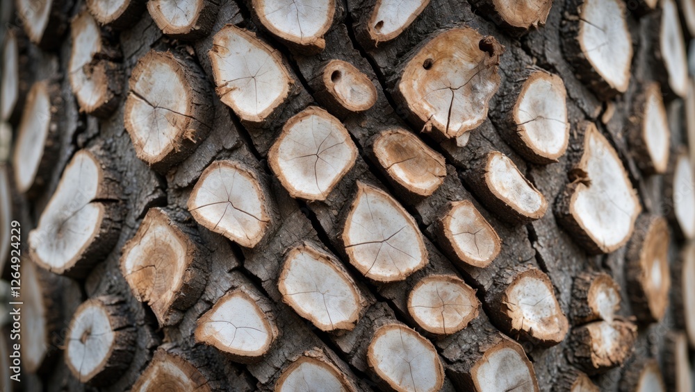 Aufkleber Close-up of tree bark with distinctive circular cuts and patterns showcasing natural textures and colors, ideal for background use. Copy Space
