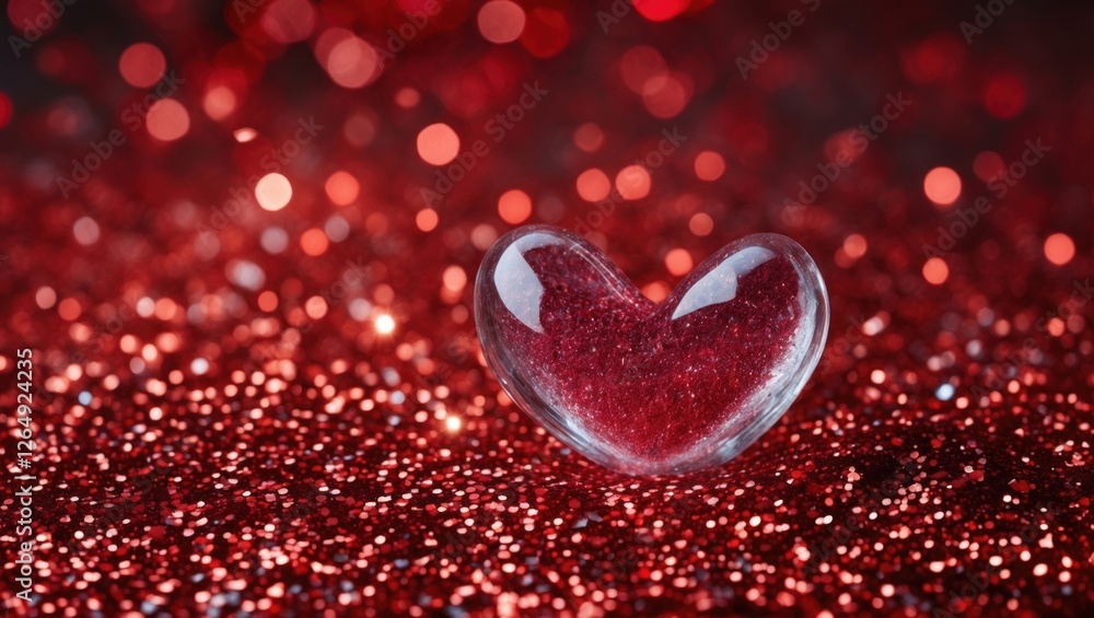Poster Heart-shaped glass object on a sparkling red glitter background with bokeh effect and Copy Space for text placement