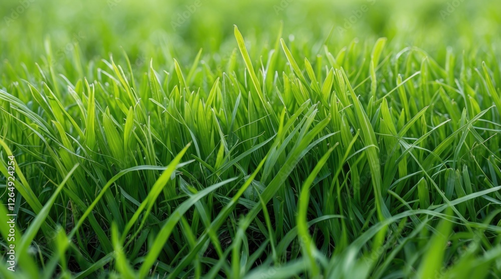 Poster Close-up of lush green grass blades with a blurred background providing ample Copy Space for text placement