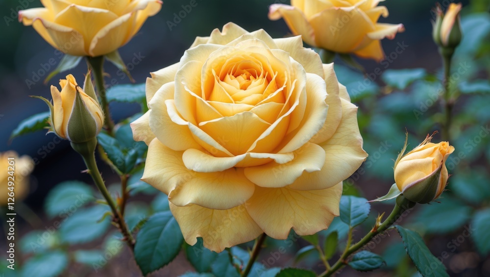 Poster yellow rose bloom surrounded by buds and leaves in a garden setting with natural lighting and blurre