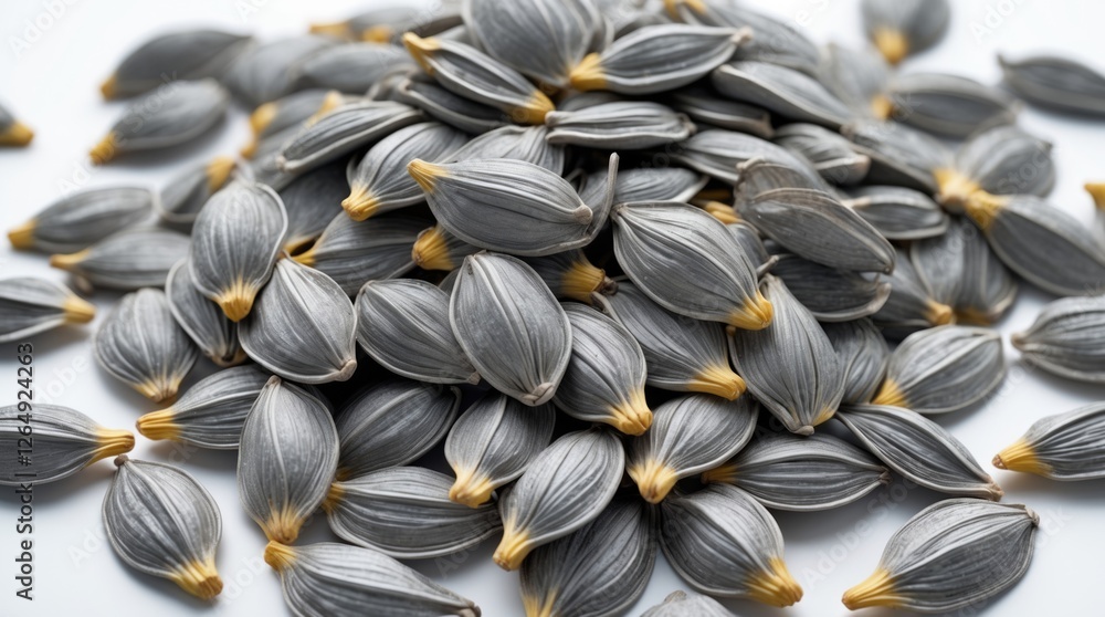 Aufkleber Close-up of sunflower seeds stacked in a pile on a white background with Copy Space for text insertion.