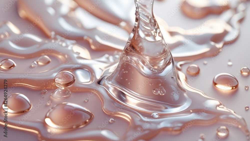 Poster Close-up of translucent liquid droplets on a smooth surface with reflections and ripples demonstrating water dynamics Copy Space