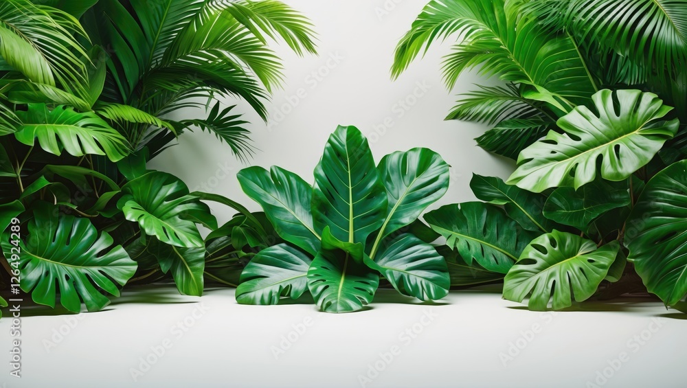 Aufkleber Lush tropical foliage with various green leaves creating natural background and vibrant texture suitable for design projects with Copy Space.