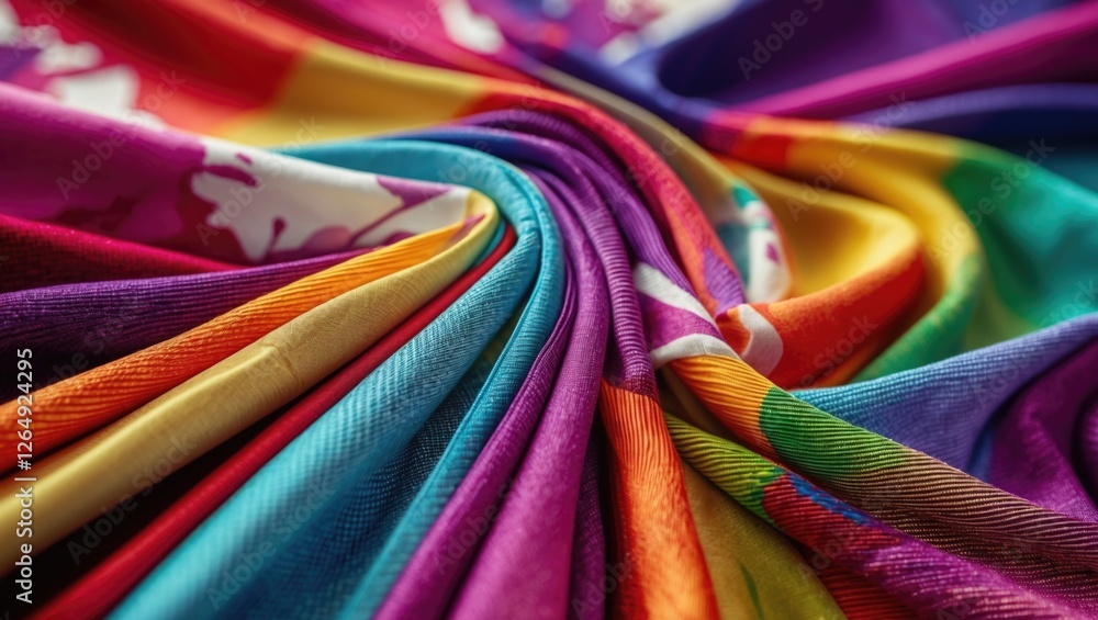 Poster Colorful fabric texture with vibrant rainbow folds and drapes highlighting various patterns and hues. Copy Space.