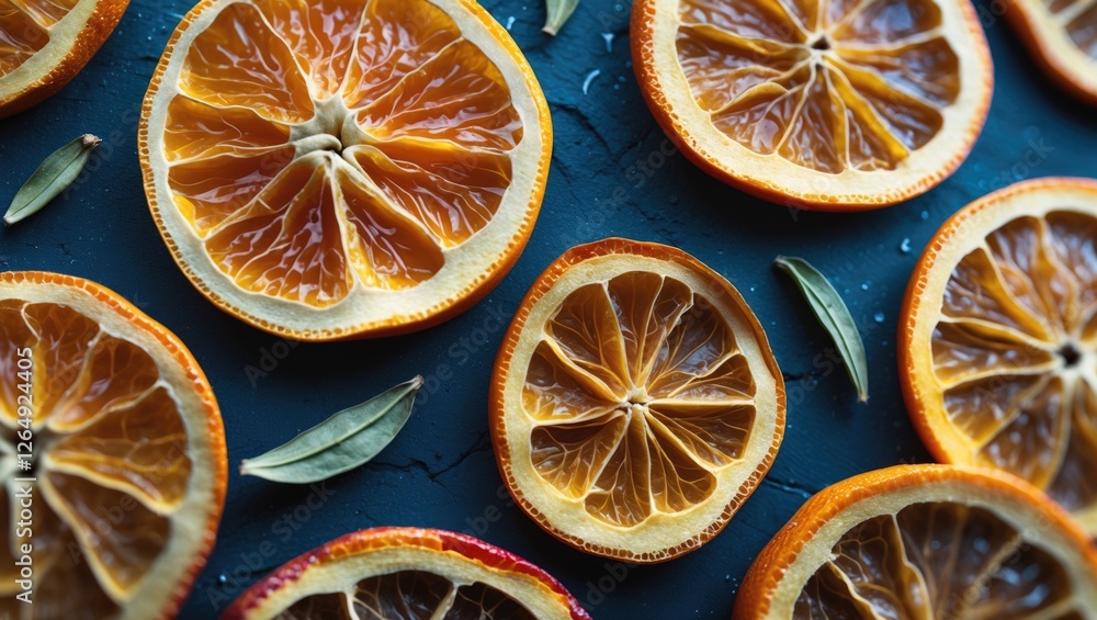 Poster dried orange slices arranged on a dark surface with bay leaves for garnish copy space