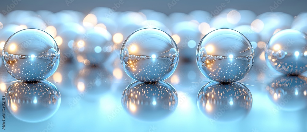 Poster a close-up of shiny metallic spheres reflecting light on a smooth surface.