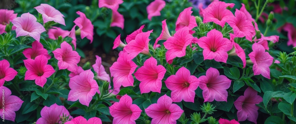 Poster vibrant display of pink petunias in full bloom with lush greenery in the background copy space