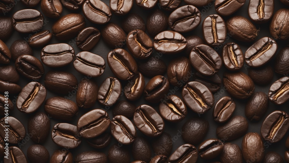 Aufkleber Close-up of roasted coffee beans in various shapes and sizes on a dark background with copy space for text.