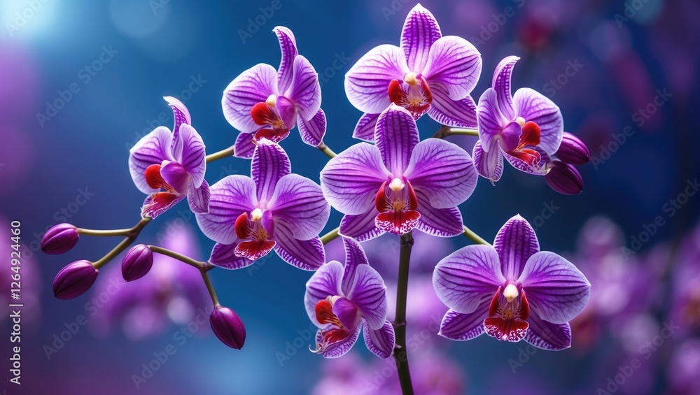 Poster Exotic purple orchids with intricate patterns and soft focus background suitable for floral designs Copy Space