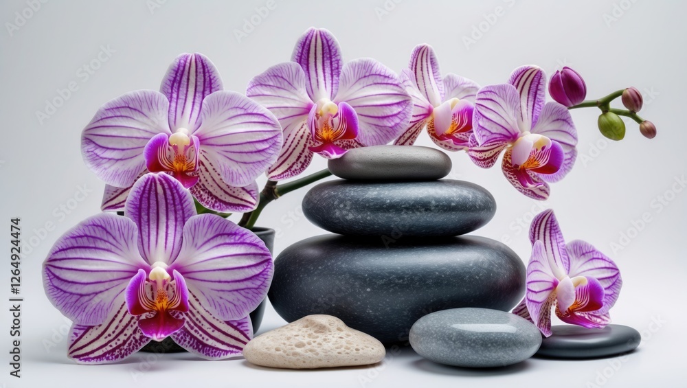 Poster orchid flowers with smooth stones arranged on a light background providing copy space for text place
