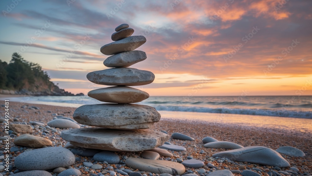 Aufkleber Balanced stack of smooth stones on a beach at sunset with waves in background and colorful sky Copy Space