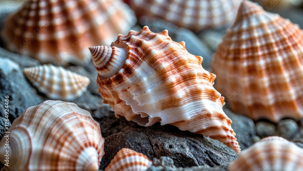 Aufkleber Detailed close-up of various seashells with intricate patterns and textures on rocky background natural marine elements Copy Space