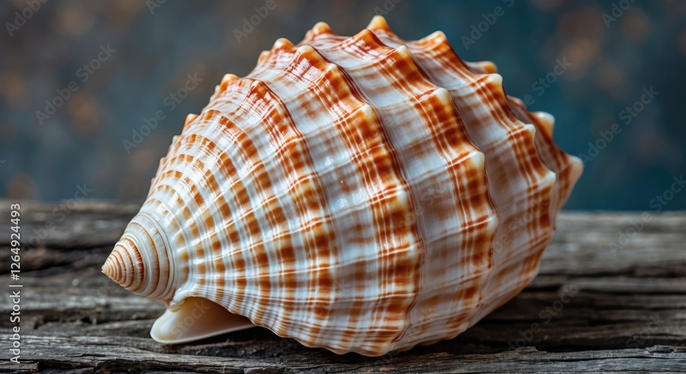 Aufkleber Close-up of a detailed seashell with a textured surface resting on rustic wood background Copy Space