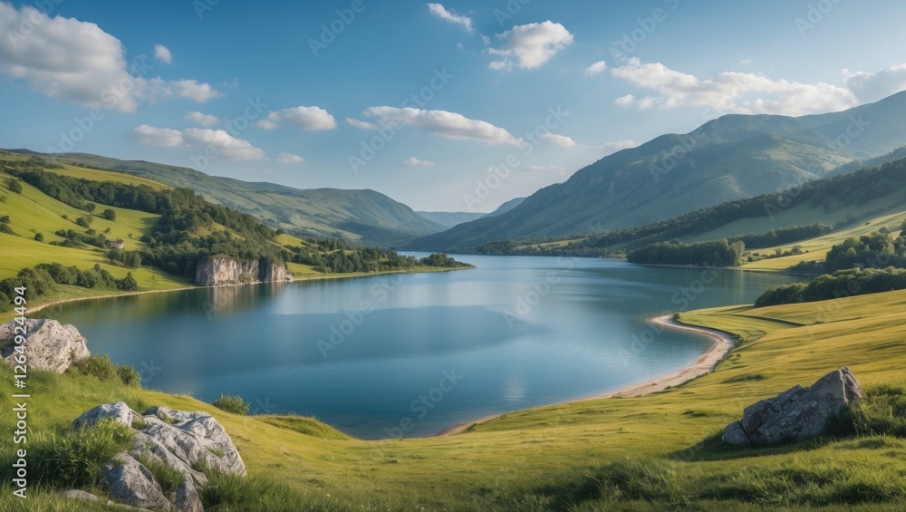 Poster serene landscape view of a calm lake surrounded by green hills and mountains under a clear blue sky 
