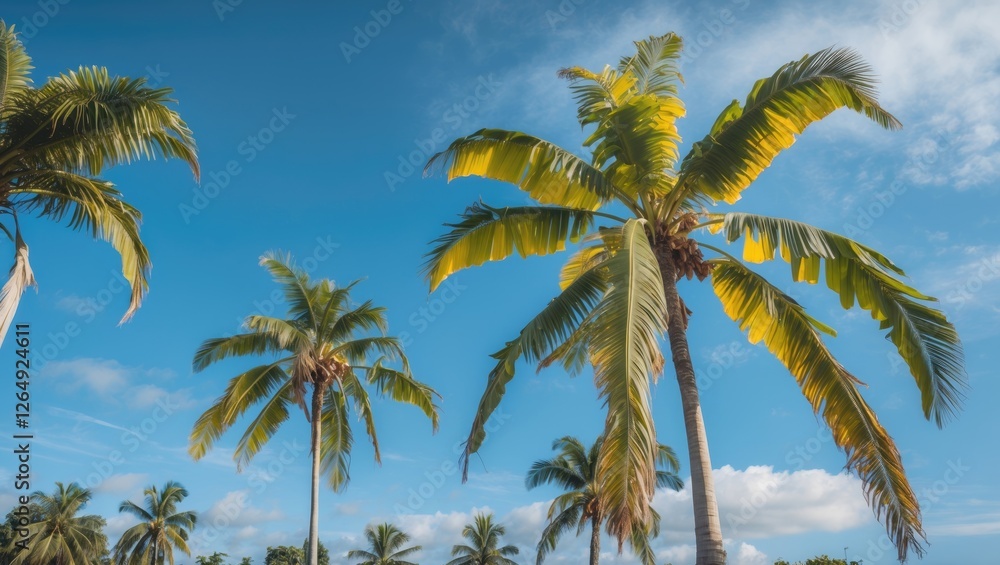 Poster tall palm trees with bright green leaves against a clear blue sky with clouds in a tropical setting 