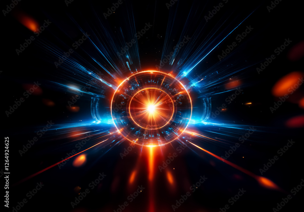 Poster a vibrant abstract design features a glowing circle at the center, radiating dynamic beams of blue a