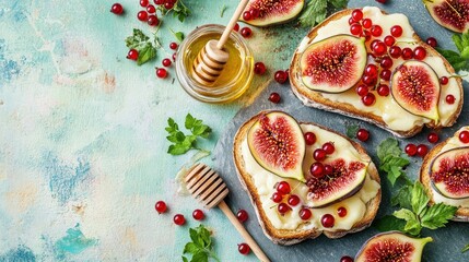 Beautifully arranged breakfast featuring creamy cheese toast with fresh figs, red currants, and a drizzle of honey on a colorful background