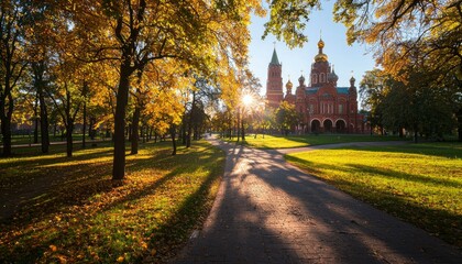 Golden autumn park leading to orthodox church with setting sun for inspirational use
