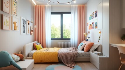 Trendy open-concept kids' room with soft colors, a cozy bed, and a bright, modern aesthetic
