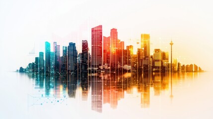 Vibrant Modern Cityscape with Reflective Water and Abstract Digital Elements