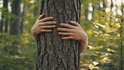 Embrace Nature:  A pair of hands gently encircles a sturdy tree trunk in a forest, conveying a sense of connection and environmental consciousness.