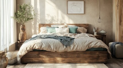 Warm and cozy bedroom with a rustic wooden bed frame, pastel bedding, and an inviting ambiance