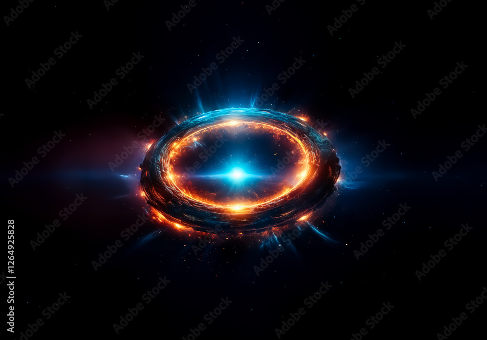 Poster Circular abstract object with vibrant blue and orange light effects against a dark backdrop.  Glowing energy emanates from the ring form, creating a futuristic and technological feel.