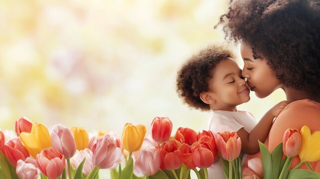 African American mother and child share a joyful moment with kisses among vibrant spring flowers in soft natural light. Mothers day concept.
