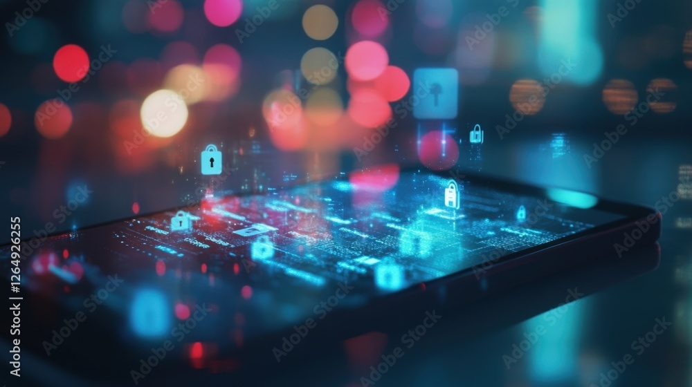 Poster an abstract image showcases digital locks and security icons overlaying a smartphone display symboli