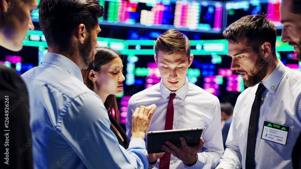 Poster stockbrokers and financial advisors gather around a tablet, analyzing real time market data displaye