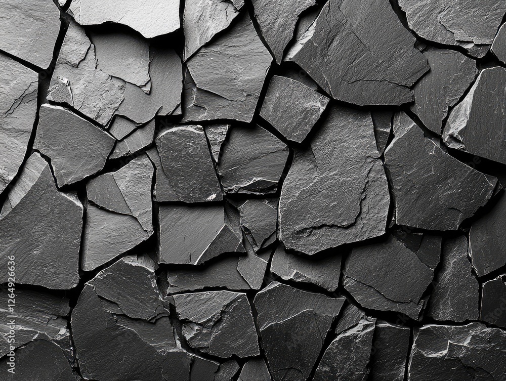 Poster a close-up view of irregularly shaped dark slate stones arranged in a textured pattern.