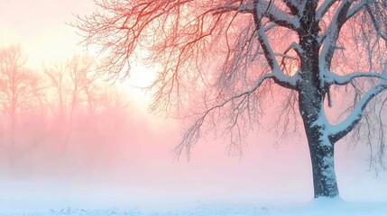 Winter Wonderland  Snow Covered Tree  Misty Sunrise  Pink Sky