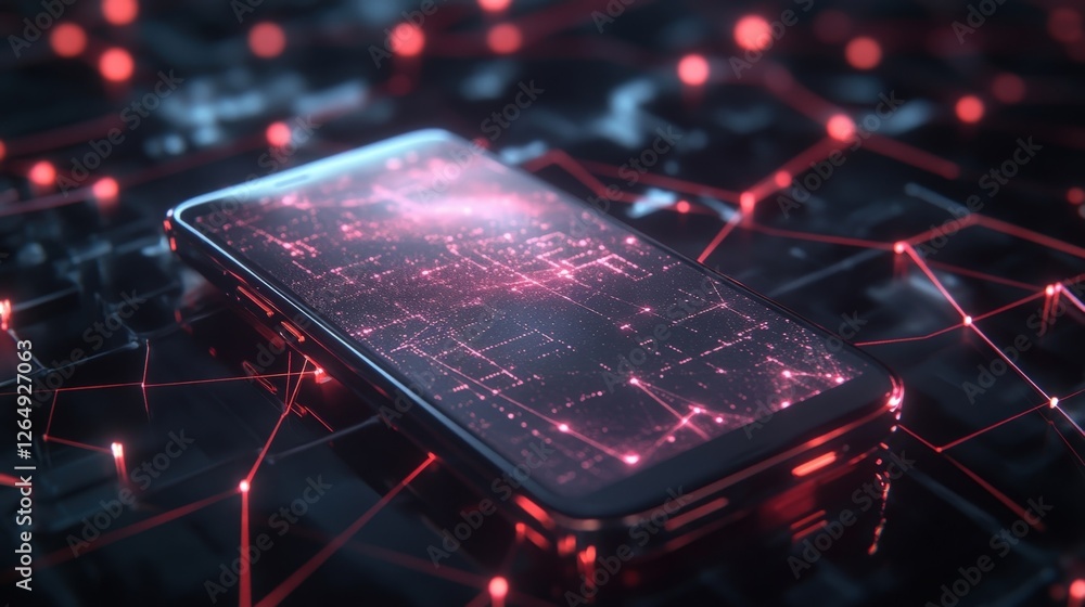 Poster an artistic depiction of a smartphone embedded in a web of blockchain connections with glowing nodes