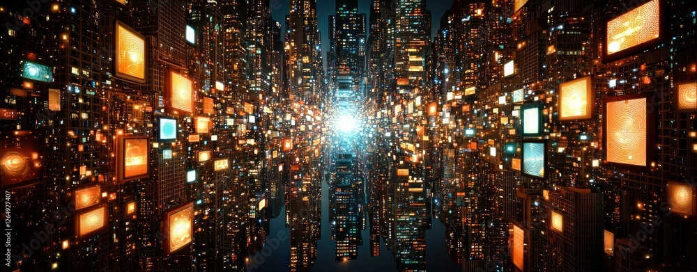 Poster futuristic digital cityscape with glowing screens and bright lights creating a sense of depth and en