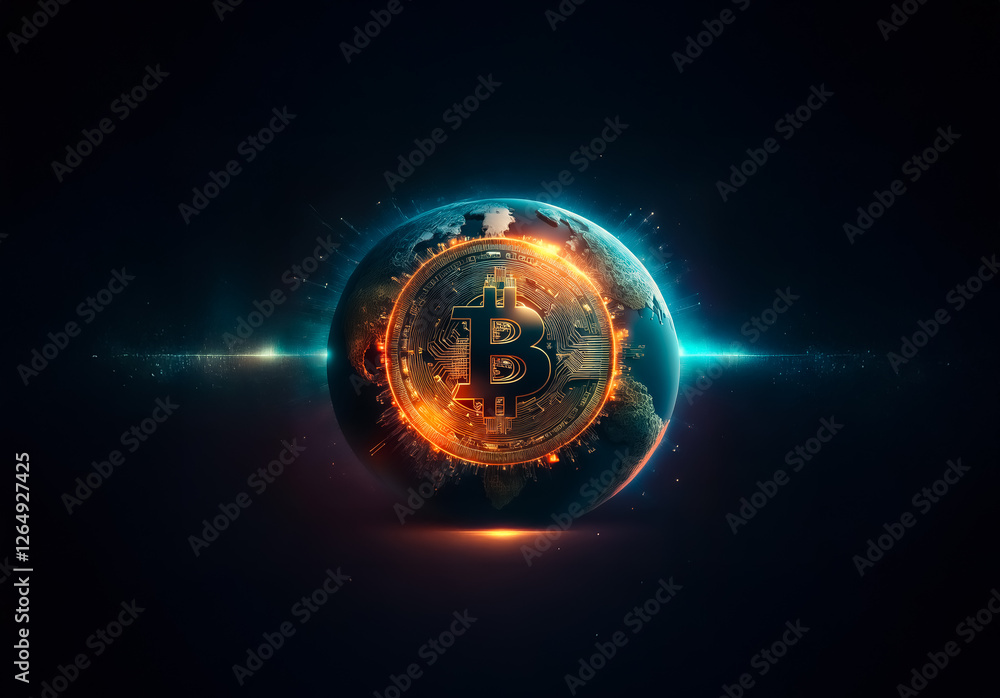 Aufkleber a glowing digital globe displays a bitcoin symbol at its center, representing the futuristic interse