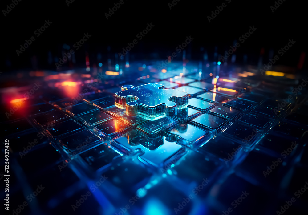 Aufkleber Vibrant, abstract geometric composition featuring illuminated blue and orange blocks arranged on a reflective grid surface, creating a futuristic, digital atmosphere.