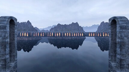 Surreal Calm  Futuristic Arch Bridge over Serene Mountain Lake