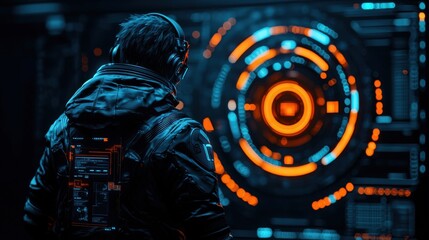 Naklejka premium Powerful high tech warrior standing in a dark futuristic environment summoning a glowing holographic energy sphere in front of them The scene has a cyberpunk
