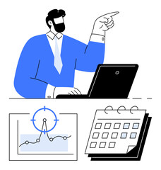 Man pointing while seated at a laptop, a data chart with a target marker, and a marked calendar. Ideal for productivity, planning, task management, business analysis, goal setting, strategy