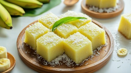 Close-up of steamed banana cake served on a round wooden plate, styled with shredded coconut and pandan leaves on a white background