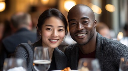 Happy interracial couple smiling together at a restaurant