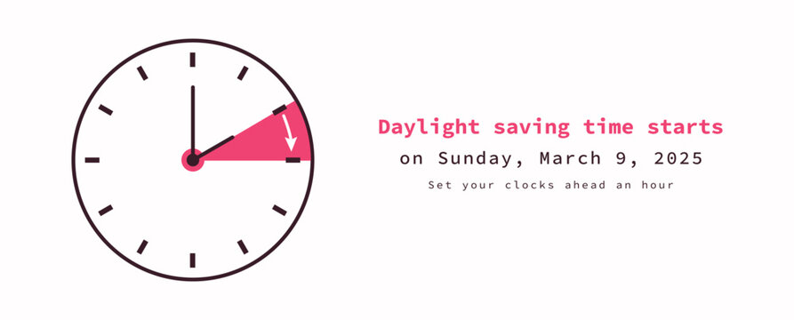 Daylight Saving Time starts. Spring Forward March 9, 2025. Web Banner Reminder. Vector illustration with clocks turning to an hour ahead. Minimalist flat style summertime. - Powered by Adobe