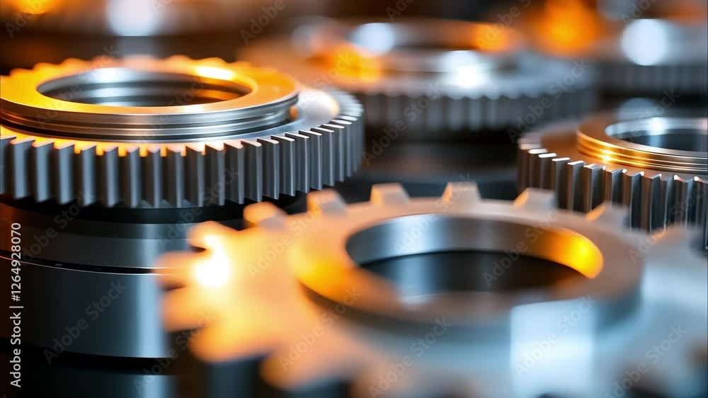 Poster close-up view of metallic gears with a shiny surface, showcasing intricate details and reflections, 