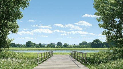 Fototapeta premium Wooden Bridge Over Meadow With Lake View In Summer