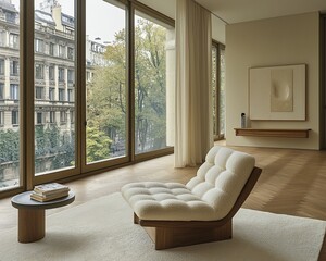 Fototapeta premium Modern chair in apartment, city view, calm interior, relaxation