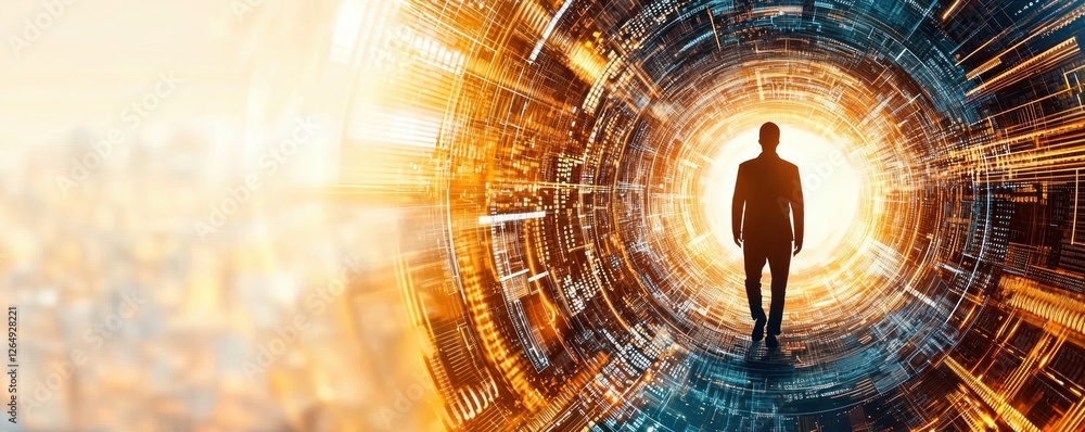 Poster businessman walking towards bright future in abstract light tunnel with digital elements representin