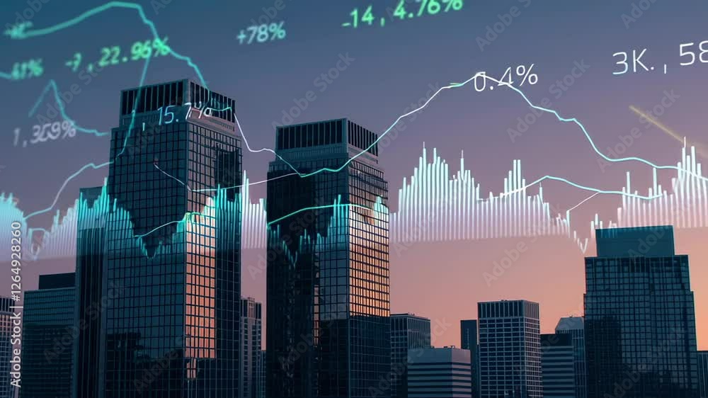 Poster finance visualization showing stock market data fluctuating over a modern city skyline at sunset, cr